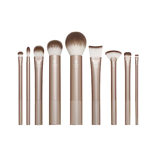 REAL TECHNIQUES Au Naturale Makeup Brush Kit, For Foundation, Powders, and Concealers, Premium Quality Face Brushes, 9 Piece Set, Gold