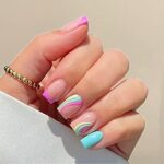 24Pcs Square False Nails Short, Wavy Fake Nails Short,Stick on Nails for Women,Nude Fake Nails, Acrylic Full Cover Nails Tips with Jelly Glue for