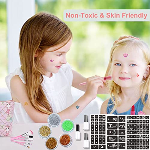 Glitter Tattoo Kit, Jiasoval 24 Colors Temporary Glitter Tattoos for Kids, 187Pcs Stencils, 5 Brushes, 3 Glue, Make Up Set for Girls Teenager Adu