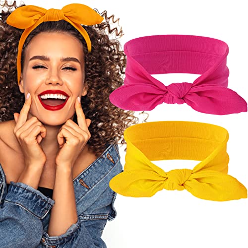 Sibba 2 Pieces Headbands Vintage Rabbit Ear Bow Headwraps Boho Headband Rabbit Ear Hairband Hair Accessories for Women Girls(Yellow)