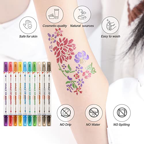 HAWINK Temporary Tattoo Markers for Skin, 10 Body Markers + 20 Large Tattoo Stencils for Kids and Adults, Dual-End Tattoo Pens Make Bold and Fine