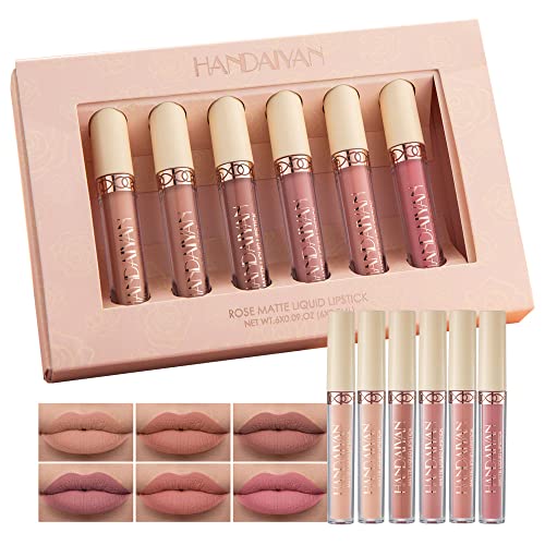 Beteligir 6Pcs Matte Liquid Lipstick Set, 6 Nude Colors Matte liquid Long-Lasting Non-Stick Cup Not Fade Waterproof Lip Gloss Set for Women Makeu