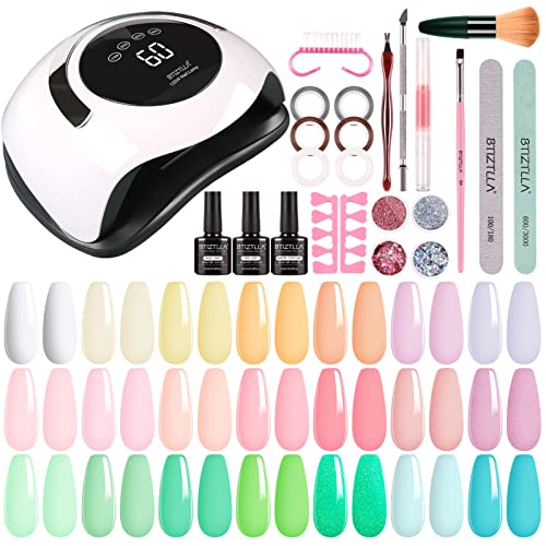 Btiztlla 21 Colors Gel Nail Polish Kit with 120W LED Light, Red Nude Glitter Gel Nail Polish Set, UV LED Nail Lamp, No Wipe Base Top Coat, Manicu
