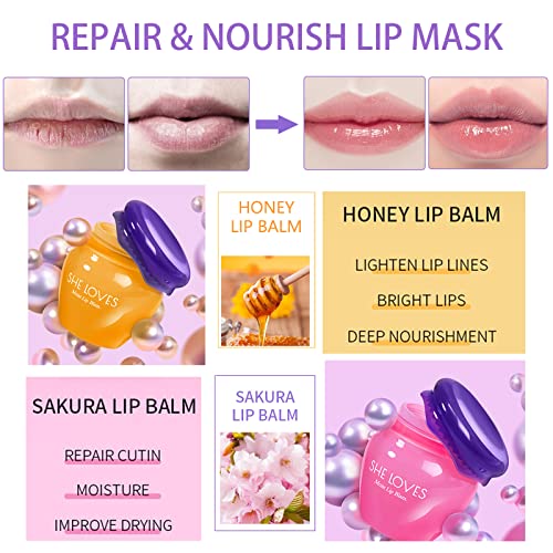 Lip Sleeping Mask Lip Balm Skincare Set,Honey Sakura Moisturizing Lip Plumper Care Day Night Repair,Prevent Dry Crack,Lip Line Reducing,Clearing