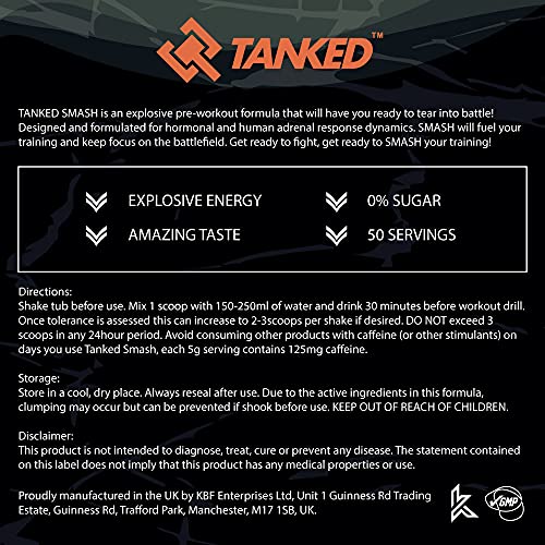 Tanked Smash, Pre Workout Powder - 250g - Improve Focus & Intensity Levels (Blue Raspberry)