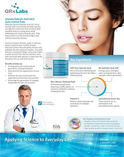 Glycolic/Salicylic Acid 10/2 Acne Control Pads With 10% Ultra Pure Glycolic Acid + 2% Salicylic Acid, Allantoin, Vitamins B5, C & E, Calendula &