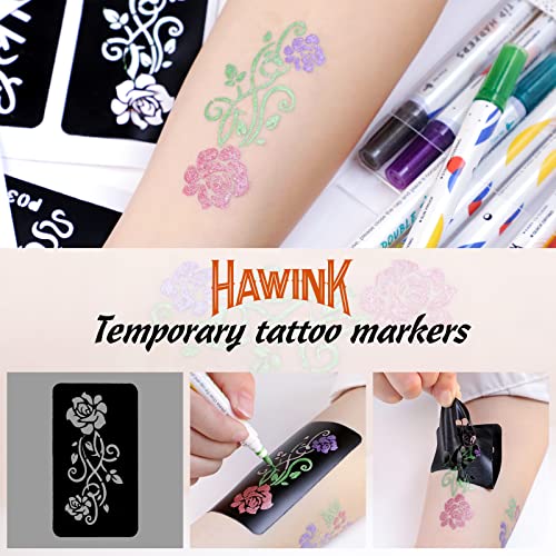 HAWINK Temporary Tattoo Markers for Skin, 10 Body Markers + 20 Large Tattoo Stencils for Kids and Adults, Dual-End Tattoo Pens Make Bold and Fine