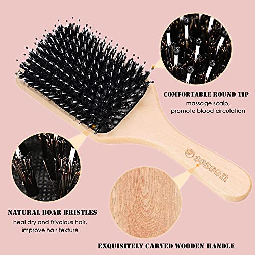 Hair Brush, Sosoon Boar Bristle Paddle Hairbrush for Long Thick Curly Wavy Dry or Damaged Hair, Reducing Hair Breakage and Frizzy No More Tangle,