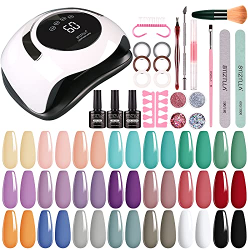 Btiztlla Gel Nail Polish Kit with 120W LED Light, 12 Colors White Nude Glitter Gel Nail Polish Set, UV LED Nail Lamp, No Wipe Base Top Coat, Mani