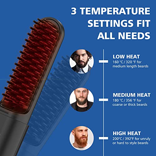 VIKICON Beard Straightener, Cordless Quick Heated Beard Straightener Brush for Men, 2 in 1 for Beard&Hair Comb, 3 Temperature Settings/Anti-Scald
