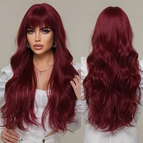 iShine Burgundy Red Wigs for Women Long Wavy Wine Red Wigs with Fringe Synthetic Wig Heat Resistant Natural Hair for Daily Party Cosplay Use Gift