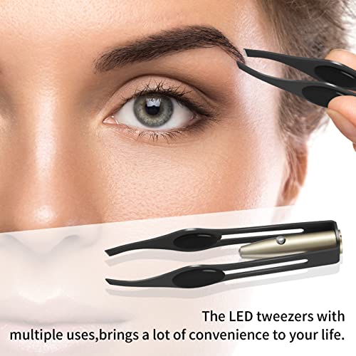 Fuyamp 2Pcs Tweezers with LED Light, Hair Removal Lighted Tweezers Makeup Tweezers with Light Tools, Stainless Steel Tweezers for Men Women Preci