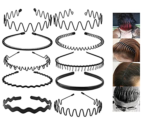 Metal Headband Mens Hair Band Non-Slip Sports Hair Hoop for Men Black Wavy Fashion Hair Band for Outdoor Weddings (6 PCS)