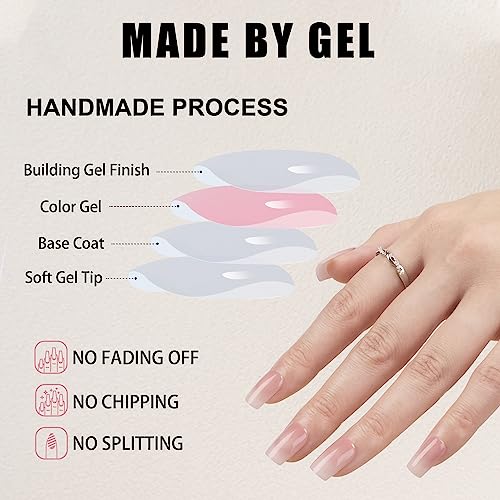 LADYING 24 Pcs Gel False Nails Short,Square Soft Gel Press on Nails French Pattern,Gradient White Fake Nails Short with Nail Glue, UV Finish Squo