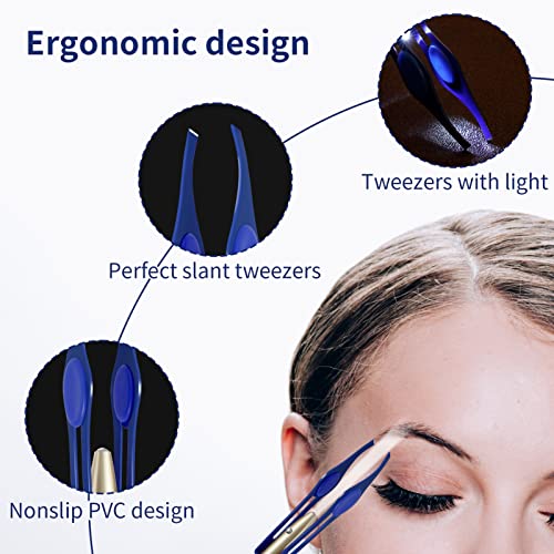 Fuyamp 2Pcs Tweezers with LED Light, Hair Removal Lighted Tweezers Makeup Tweezers with Light Tools, Stainless Steel Tweezers for Men Women Preci