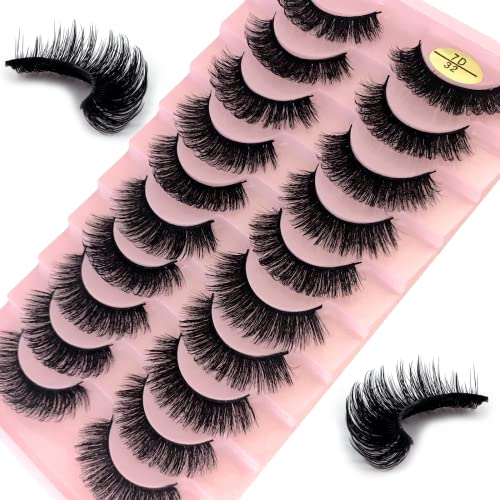False Eyelashes Russian Strip Lashes 10 Pairs Reusable Natural Look 7D Faux Mink Lashes Fluffy Volume Wispy Fake Eyelashes Handmade Thick Soft Lo