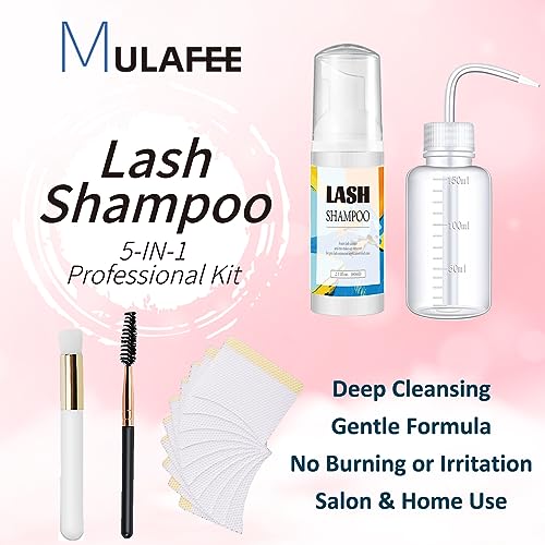 MULAFEE Eyelash Extension Cleanser, Lash Extension Shampoo Kit, Oils, Paraben & Sulfate Free Foaming 60 ML Eyelash Shampoo with Rinse Bottle and