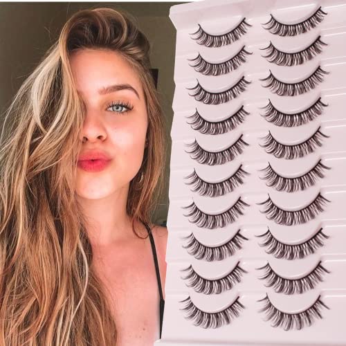 Russian Strip Lashes Natural Look Short Natural Waterproof Thick False Eyelashes 10 Pair Fluffy Volume Faux Mink Lashes Pack (15mm)