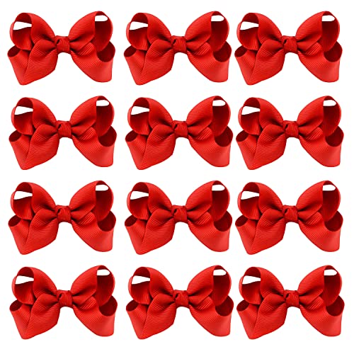 Jeffan 12 PCS Ribbon Hair Bows 3 Inch Cheerleading Alligator Clips Accessories for School Girls Toddlers (Red)
