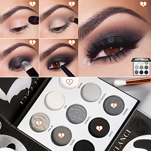 DE’LANCI PANDA Black Smokey Eyeshadow Palette Makeup,9 Colors Black Silver Gray White Eyeshadow Makeup Palette,Highly Pigmented Gothic Makeup Mat