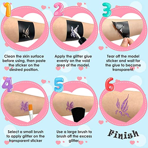 MarckersHome Glitter Tattoos Kit, Temporary Tattoo For Kids, With Unicorn Mermaid Tattoo, 12 Colors Glitter, Unique Stencils, Great Birthday Part