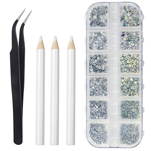 Rhinestones 1500 Pieces in 6 Sizes Crystal Nail Gems Nail Art Accessories Rhinestones with 1 Pick Up Tweezer and 3 Rhinestone Picker Dotting Pen