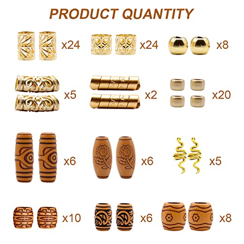 Hair Jewelry for Braids, 124 Pcs Gold Hair Beads Coils Dreadlocks Accessories Metal Jewelry Aluminum Hair Cuffs Decoration Imitation Wood Hair Ch