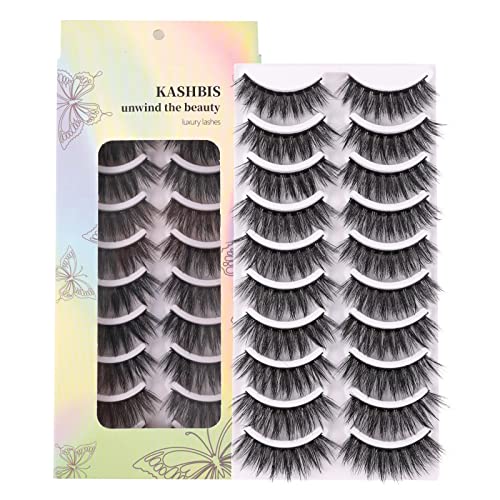 False Eyelashes 17mm Faux 3D Mink Lashes Natural Look Fluffy Cat Eye Wispy Lashes Pack by KASHBIS, 10 Pairs