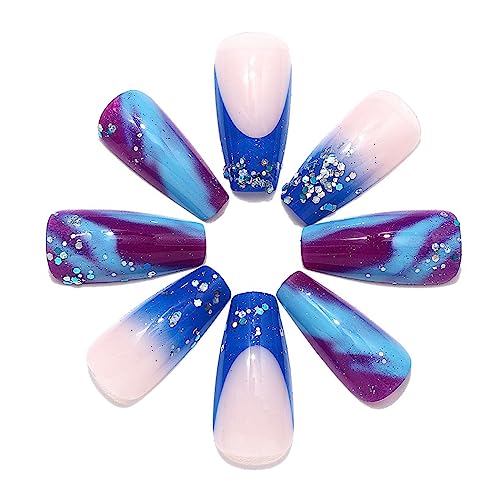 Brishow Coffin False Nails Long Fake Nails Sequin Press on Nails Blue Purple Marble Ballerina Acrylic Stick on Nails 24pcs for Women and Girls