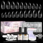 Kredioo Nail Tips Gel Nail Extension Kit- 500Pcs Pre-shaped Medium Almond Acrylic Full Cover Nail Tips 4 in 1 Nail Glue Base UV Nail Lamp Prep De