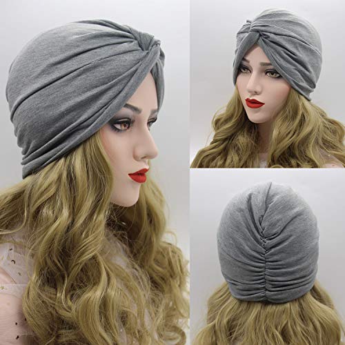 beifon 2 Pieces Womens Elastic Cotton Turban Beanie Hats Soft Print Hair Turban Scarf Pre Tied Head Warp Coverings Fashion Stretch Sleep Cap for