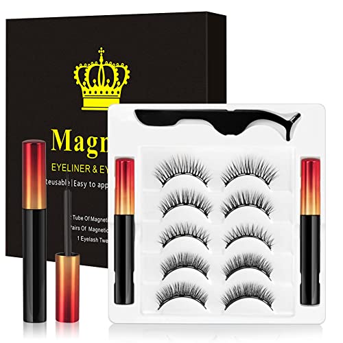 Magnetic Eyelashes with Eyeliner,2 Tubes of Magnetic Eyeliner and Updated 5 Pairs Magnetic Eyelashes Natural Look, Reusable Magnetic Lashes with