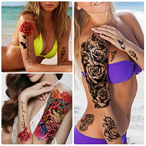 Metuu 49 Sheets Black Half Sleeve Waterproof Temporary Tattoo for Adult Men and Women, 3D Flower Animal Fake Tattoo Stickers for Teen Girls Body