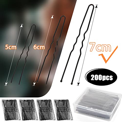 Mbsomnus 200PCS Hair Pins for Buns 7cm U-Shaped Hair Pins Long Bobby Pins Black Bun Pins with Storage Box Hair Grips for Thick Hair Women Girls W