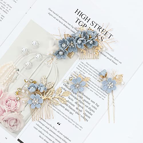 inSowni 20 Pack Classy Dusty Blue Flower Bridal Wedding Hair Side Combs+Floral Hair Pins+Twist Spiral Pearl Hair Pins Clips Pieces Formal Prom He