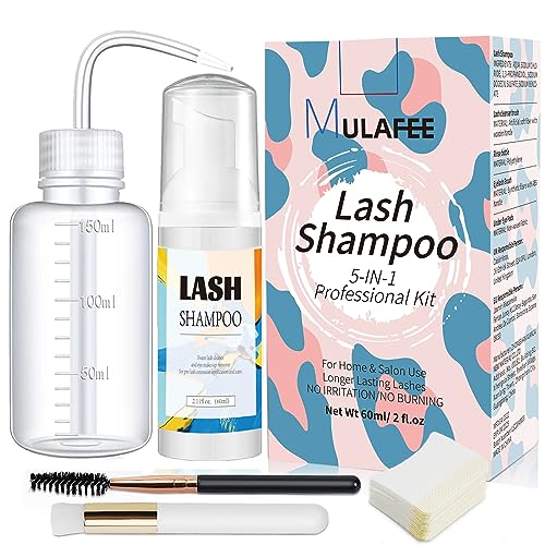 MULAFEE Eyelash Extension Cleanser, Lash Extension Shampoo Kit, Oils, Paraben & Sulfate Free Foaming 60 ML Eyelash Shampoo with Rinse Bottle and