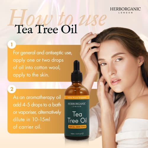 HerbOrganic Anti-bacterial Tea Tree Oil – 100 ml – Organic – Antiseptic – For Acne and Redness of Skin – For Pimples and Nail Fungus – Aromathera
