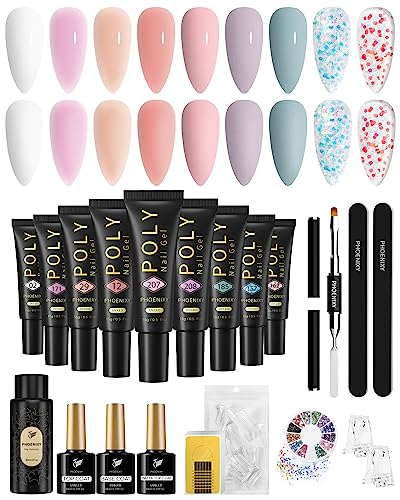Poly Nail Gel Kit, Phoenixy 9 Colors Nail Builder Extension Gel Kit, with Slip Solution Glossy Matte Base Top Coat Exquisite Tools, Complete Nail
