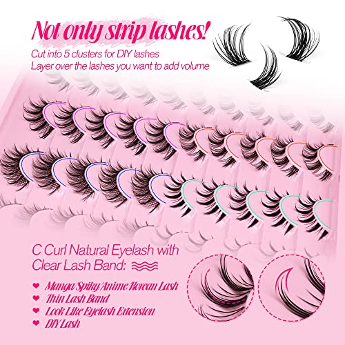 Manga Lashes Natural Look Anime False Eyelashes 20 Pairs Clear Band Individual Wispy Fake Eyelashes Strip Spiky DIY Cluster Lashes Extension C Cu