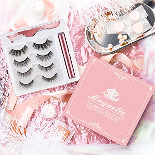 Magnetic Eyelashes,Magnetic Eyeliner and Lashes Kit have Soft Reusable Waterproof Long Lasting 4 Pairs of 3D Magnetic Eyelashes Natural Look No G
