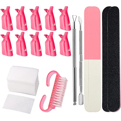 Gel Nail Polish Remover Tools Kit, VEGCOO 10 Pcs Nail Polish Remover Clips, 4 Nail Files, 200 Pcs Nail Wipe Cotton Pads, 2 Cuticle Pusher & a Nai