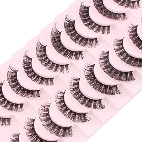 False Eyelashes Natural Look Russian Strip Lashes Faux Mink D Curl Fake Eyelashes Wispy Fluffy Volume 3D Effect Cat Eye Lashes Reusable Handmade