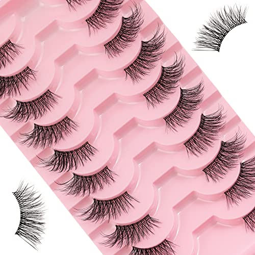 False Eyelashes Natural Look Half Lashes Short Wispy Clear Band Lashes Cat Eye 3D Faux Mink 3/4 Eye Lashes Fake Eyelashes Strip 10 Pairs Pack (A0