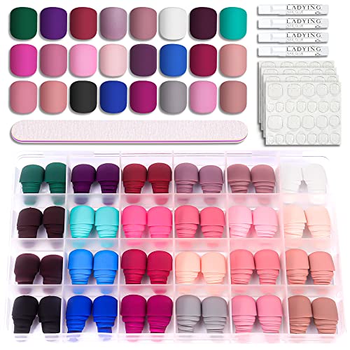 LADYING 24 Color (576 PCS) Matte Square Press on Nails Short,Colorful False Nails Short with Glue and Nail File,Reusable Stick on Nails with Tape