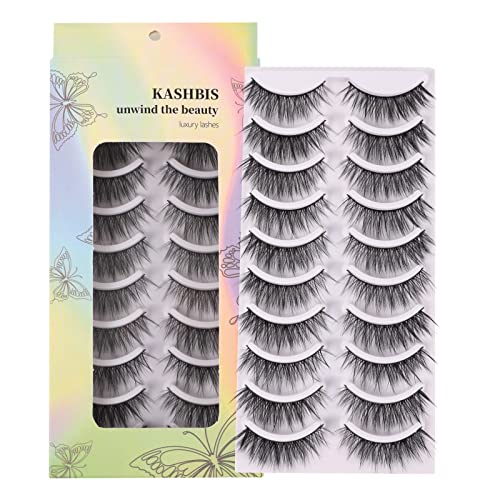 False Eyelashes 17mm Faux 3D Mink Lashes Natural Look Fluffy Cat Eye Wispy Lashes Pack by KASHBIS, 10 Pairs
