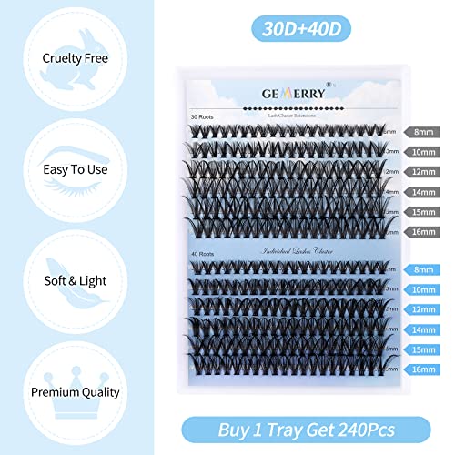 Cluster Eyelash Extensions 240pcs Cluster Lashes Individual Lashes D Curl 30D 40D 0.07mm 8-16mm Mix Ribbon Lashes Wide Stem Natural Lashes DIY La