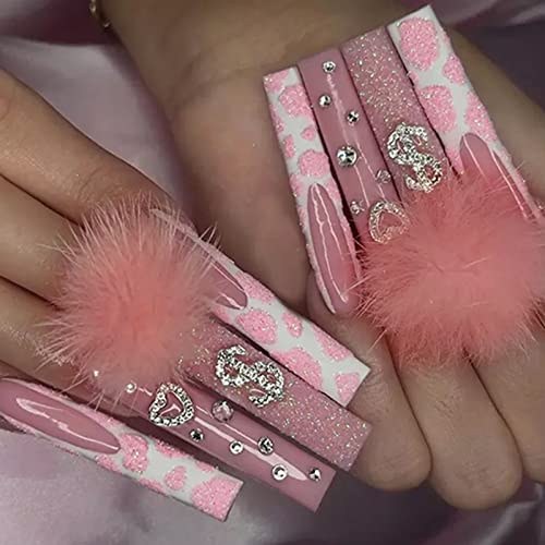 JUSTOTRY 24 Pcs Diamante Fake Nails Long, Nude French Press on Nails Patterns, Ballerina Stick on Nails for Women, Acrylic Medium Coffin False Na