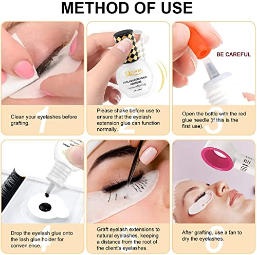 QUEWEL Eyelash Extension Glue 6ML Strong Black Lash Glue 1-2 Sec Quick Drying Professional Lash Extension Glue for Sensitive Retention 7-8 Weeks