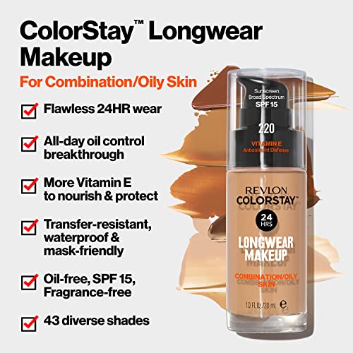 Revlon Colorstay Liquid Foundation Makeup for Combination/Oily Skin SPF 15, Longwear Medium-Full Coverage with Matte Finish, Medium Beige (240),
