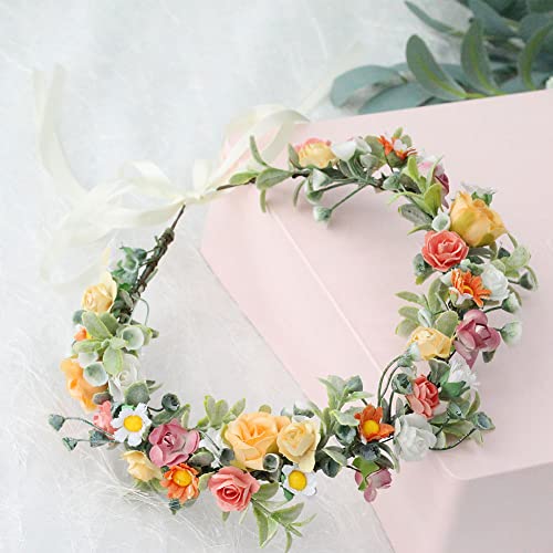 Floral Crown Headband Flower Hair Garland Headband Bridal Flower Hair Wreath Headpiece with Ribbon for Wedding Party Halloween Costume
